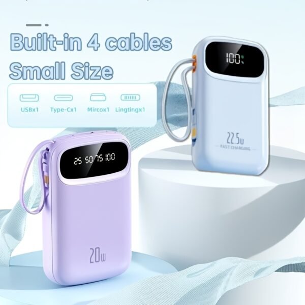 20,000mAh Power Bank with Built-in Cable PD 20W Fast Charging Portable Charger