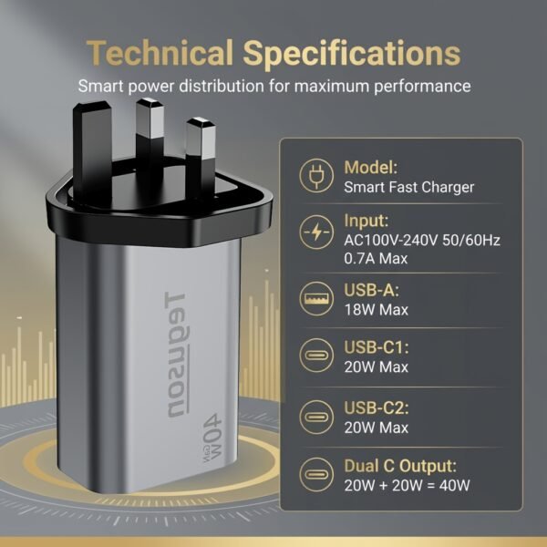 40W GaN Fast Charger 3-Port USB-A & Type-C UK Plug Wall Charger
