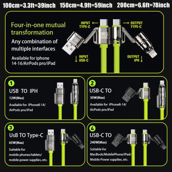 240W 4-in-1 Fast Charging Cable with Data Transfer USB-C Multi Charger Cable