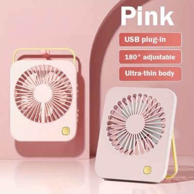 Ultra-Thin Foldable Desktop Fan with Hanging Design & 180° Rotating Bracket – Pink