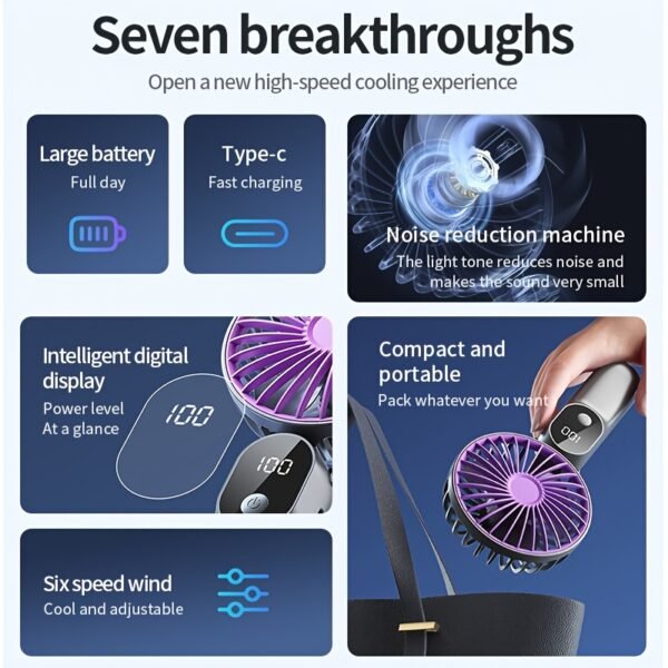 3-in-1 Mini Portable USB Fan with 6 Speeds & Digital Display