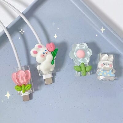 4pcs Rabbit & Flower 3D Anti-Break Data Cable Protectors
