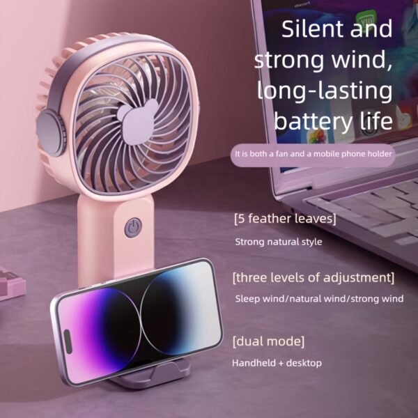 USB Portable Desktop Fan with Phone Holder & 3 Speed Settings – Purple